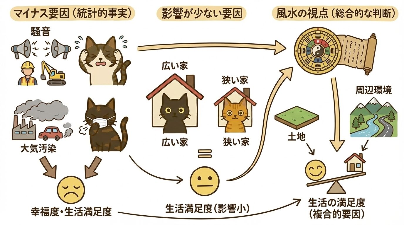 音・汚染はマイナスだが家の広さは影響小という統計と、土地・環境を重視する風水の図解