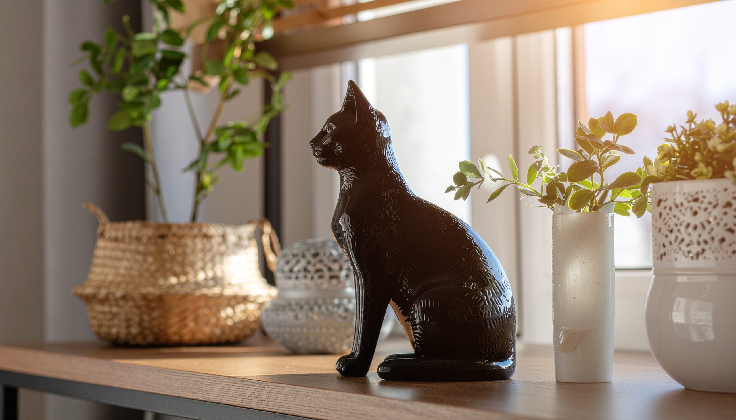 リビングの棚に置かれた黒猫の置物。インテリアとしても映え、魔除けや幸運を引き寄せるスピリチュアルアイテム。