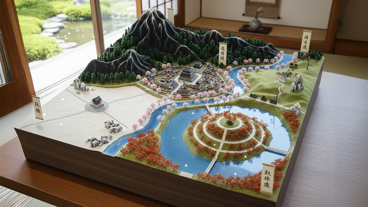 平安京の四神相応を表現した立体模型。山・川・池などの地形が都市設計に活かされている様子