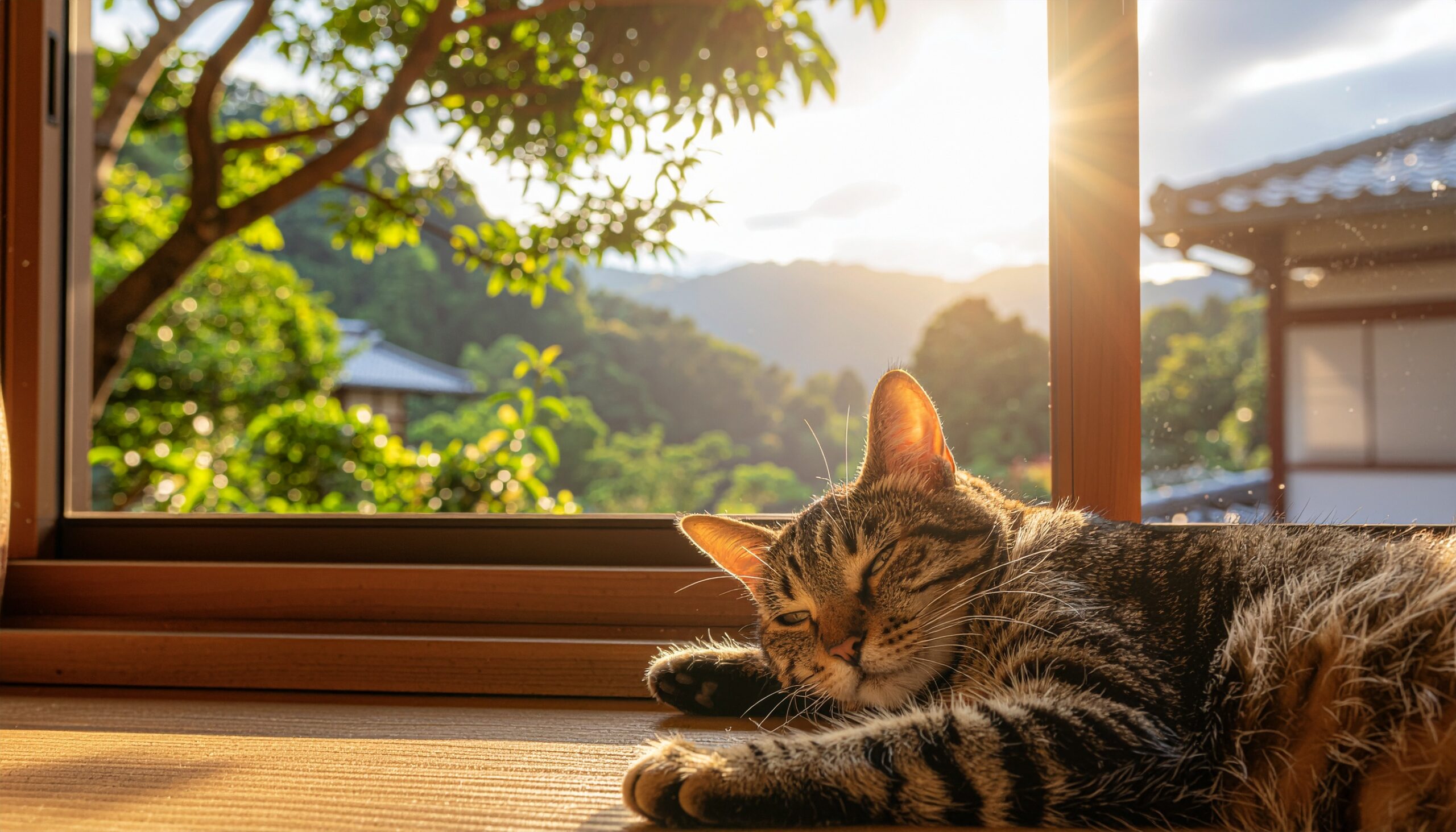 日本の住宅の窓辺で日向ぼっこをする猫。風水と科学で快適な暮らしを表す風景