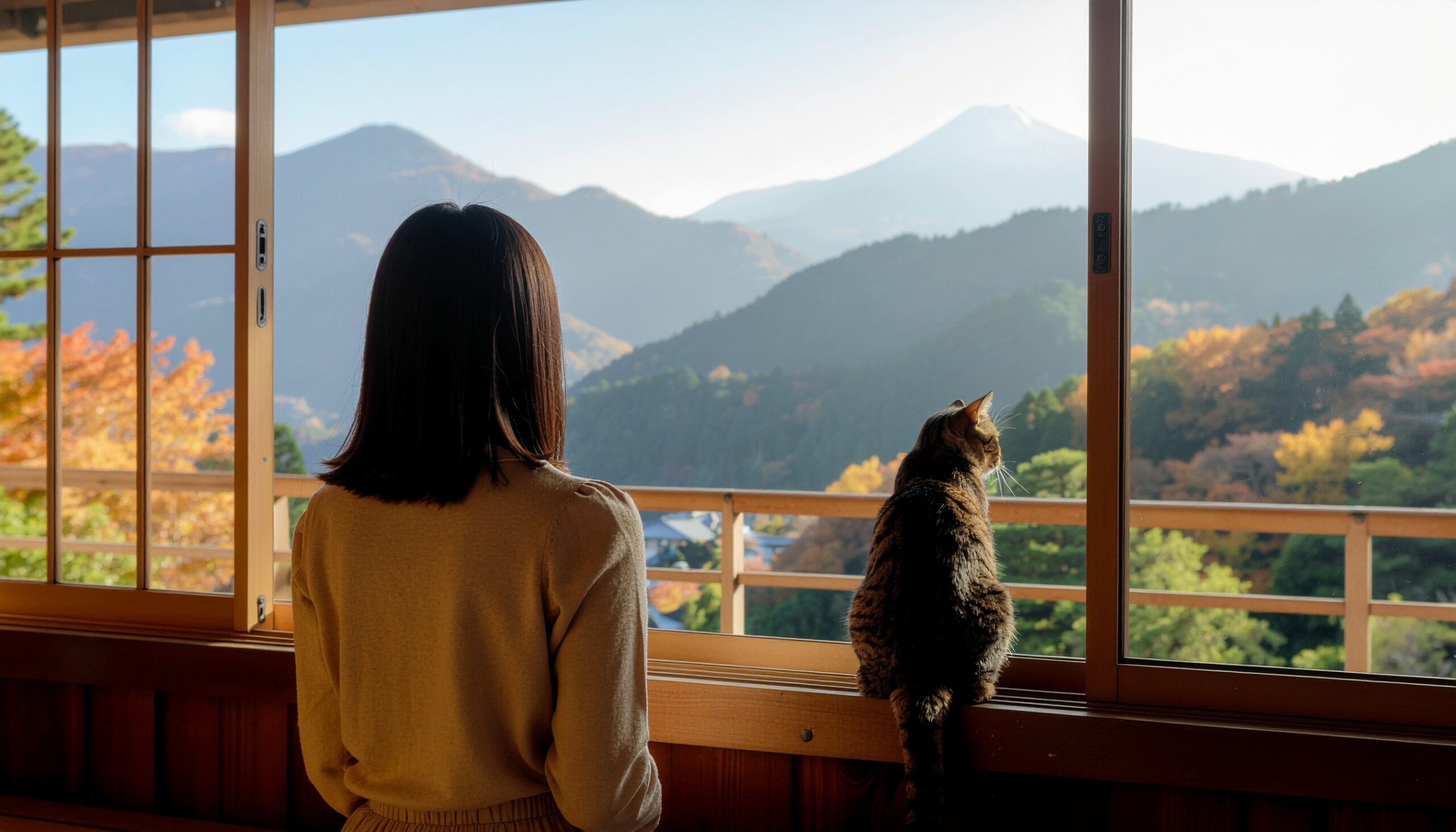 窓辺で外を眺める日本人女性と猫。深呼吸をして自然を感じる暮らし