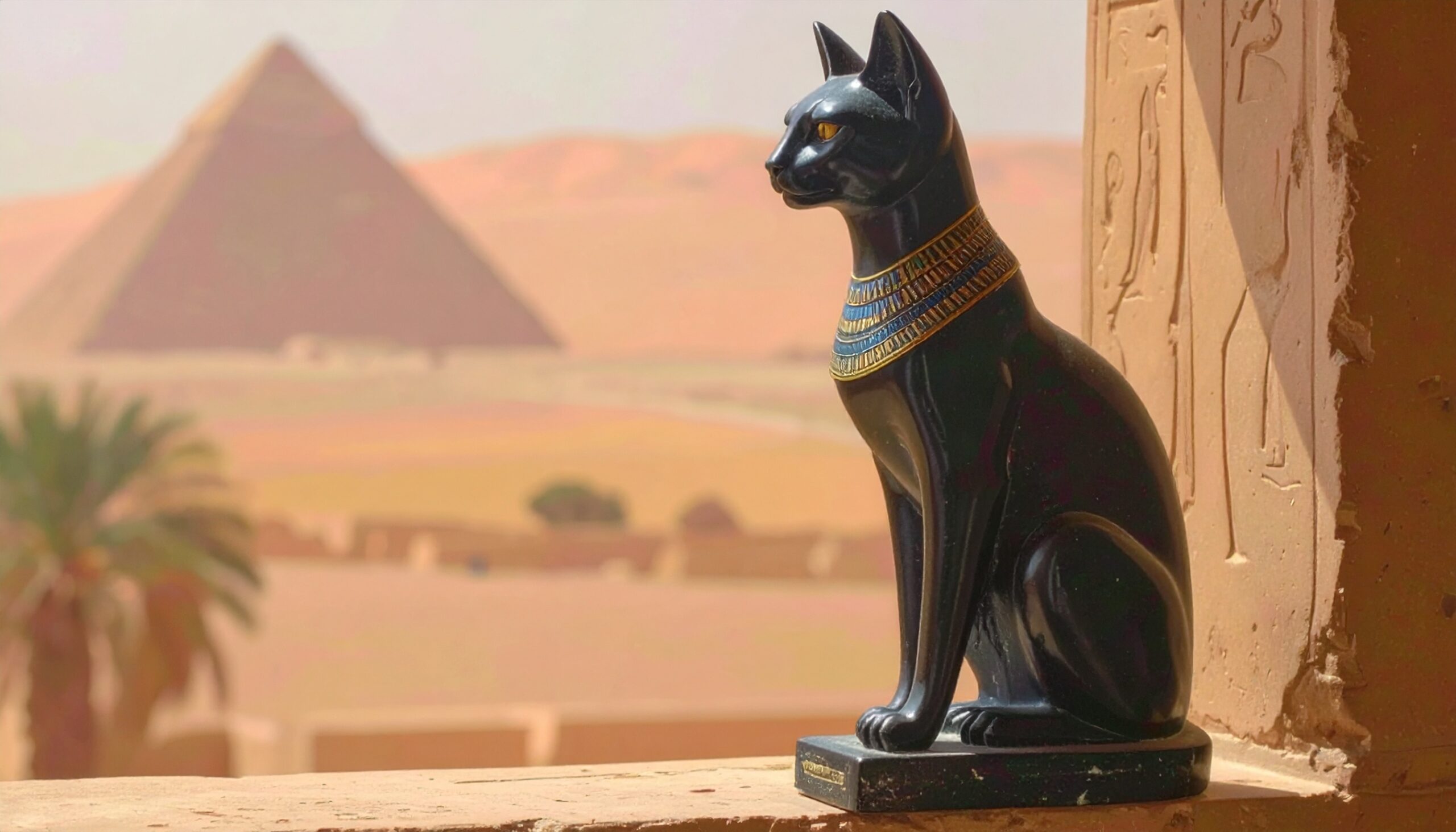 ピラミッドを背景に鎮座する、古代エジプトの女神バステトを模した黒猫の像。猫が持つスピリチュアルな力を象徴する一枚。