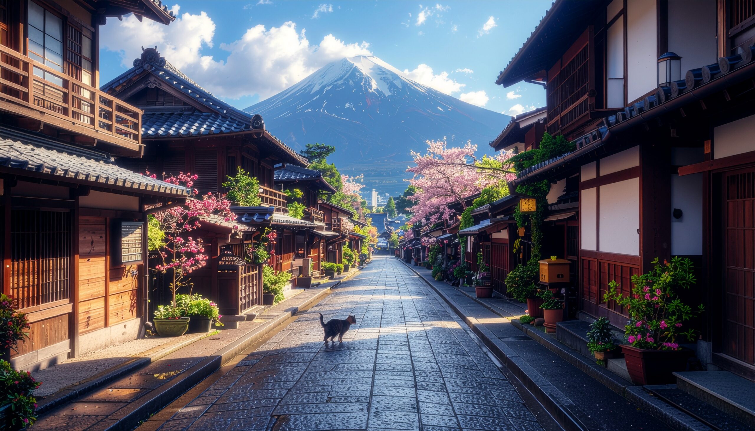日本の古い町並みと奥にそびえる山。道を歩く猫の姿。四神相応を示す理想的な都市設計のイメージ