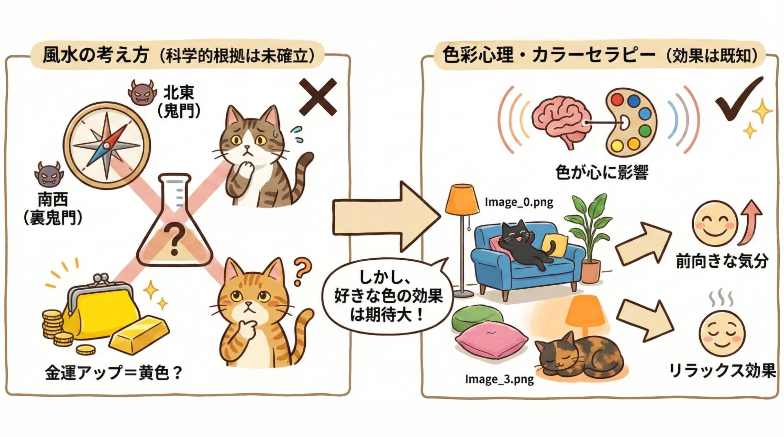 方角や色の風水は科学的根拠未確立だが、色彩心理として楽しむ「心のサプリメント」の図解