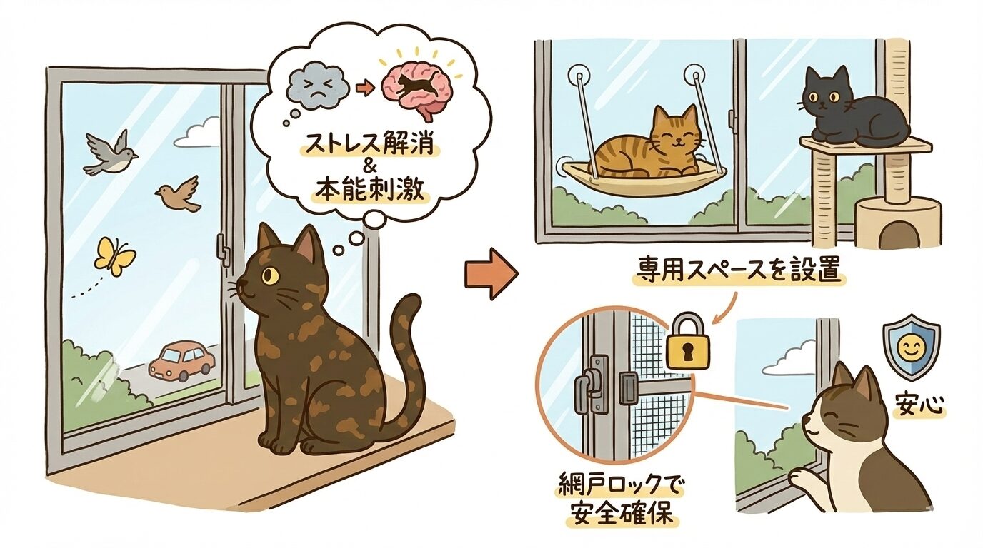 窓の外を見るストレス解消効果と、ハンモックや網戸ロックで安全を確保した窓辺作りの図解