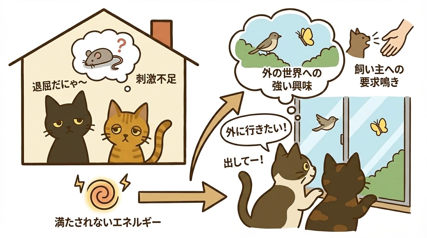 室内飼いで刺激が不足し、退屈や運動不足から外の世界へ執着したり飼い主に要求鳴きをする猫の図解