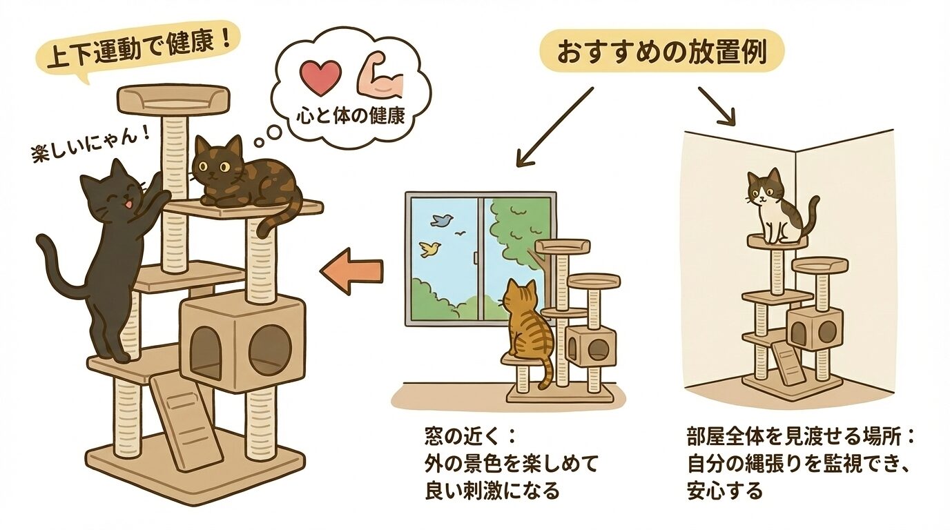 キャットタワーでの上下運動による健康効果と、窓辺や部屋全体が見渡せる最適な配置場所の図解