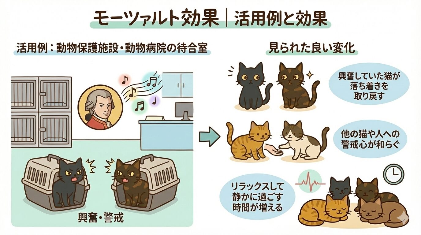 モーツァルト効果による猫のストレス軽減・リラックス効果と心拍数安定の仕組みの図解