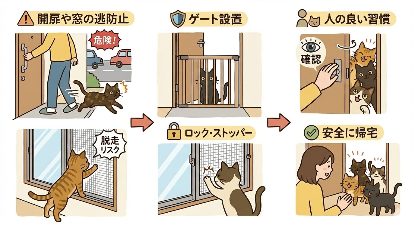 玄関や窓からの猫の脱走リスクと、ゲート設置や網戸ロック、飼い主の確認習慣による安全対策の図解