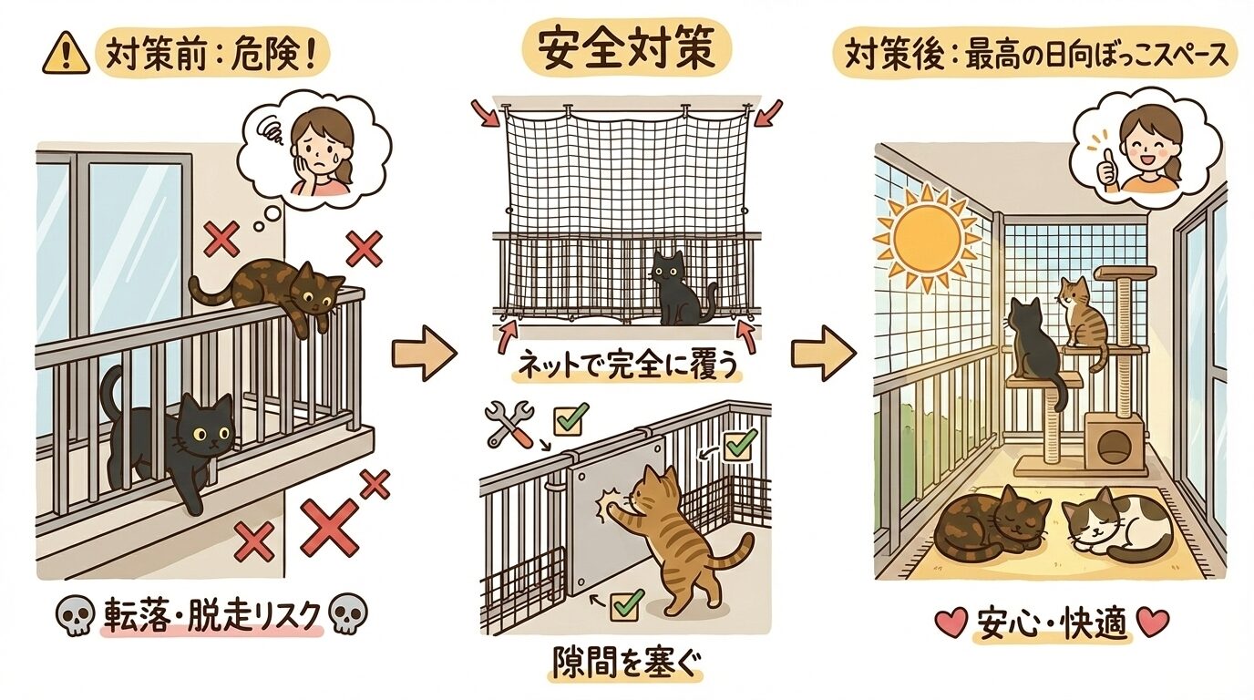 ベランダの転落・脱走リスクと、ネットや隙間塞ぎで安全を確保し快適な日向ぼっこ場所にする対策図解