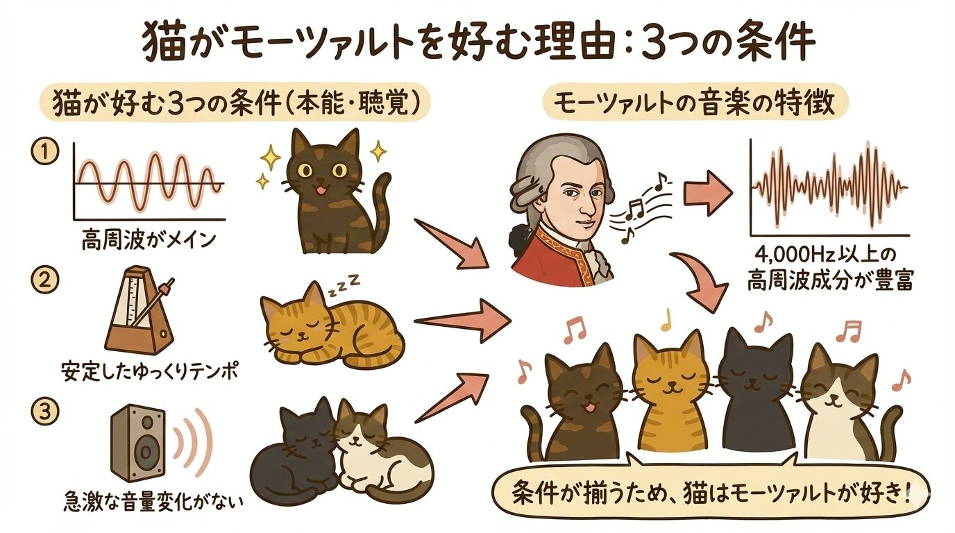 猫がモーツァルトを好む理由と3つの条件（高周波・安定テンポ・音量変化なし）の図解