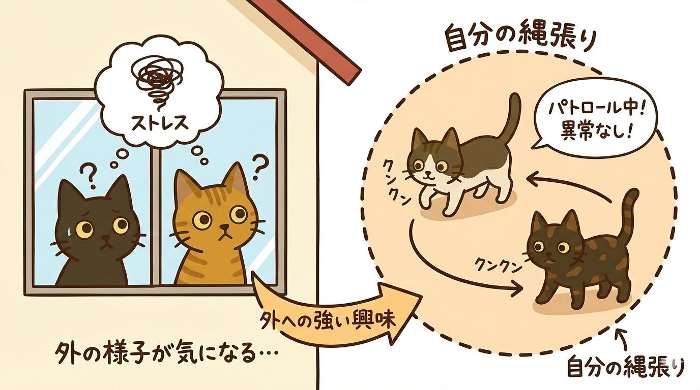 窓の外を気にするストレスと、室内を自分の縄張りとしてパトロールする猫の習性図解