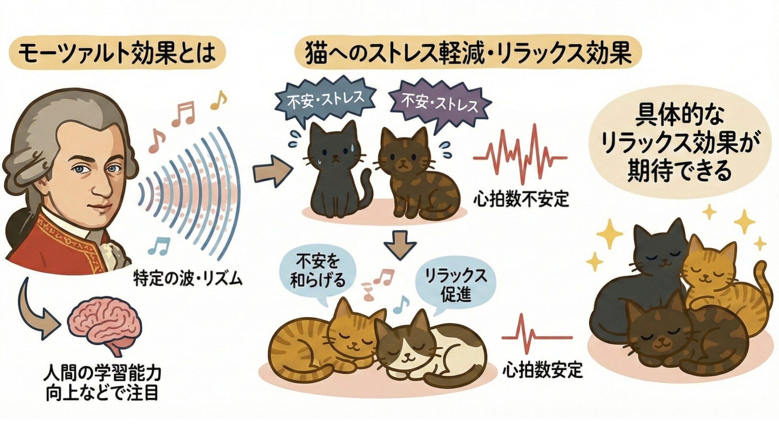 モーツァルト効果による猫のストレス軽減とリラックス効果、心拍数安定のメカニズム図解