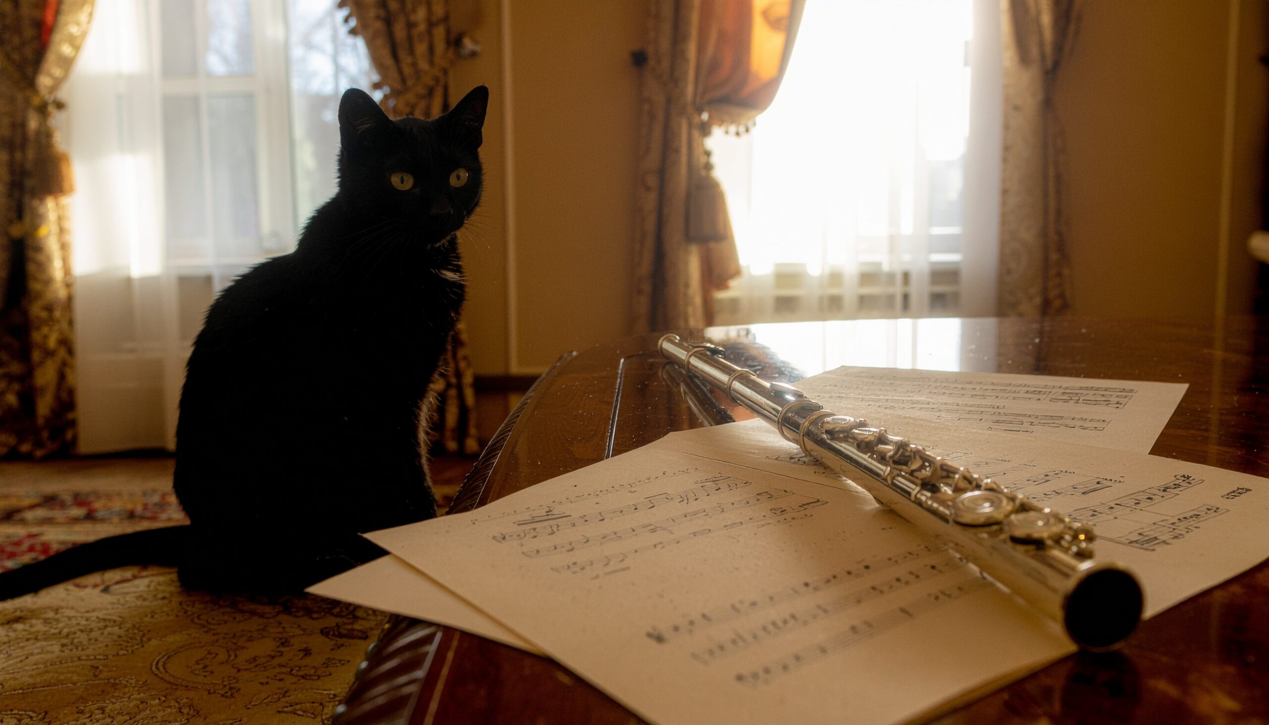 黒猫がフルートと楽譜の置かれたテーブルに座っている