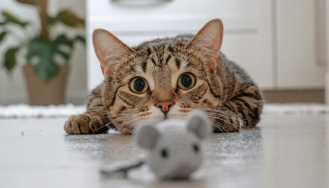 床に伏せ、ネズミのおもちゃ（獲物）の立てる微かな音に集中し、真剣な表情で狙いを定めているキジトラ猫。猫の鋭い聴覚と狩猟本能を表す画像。