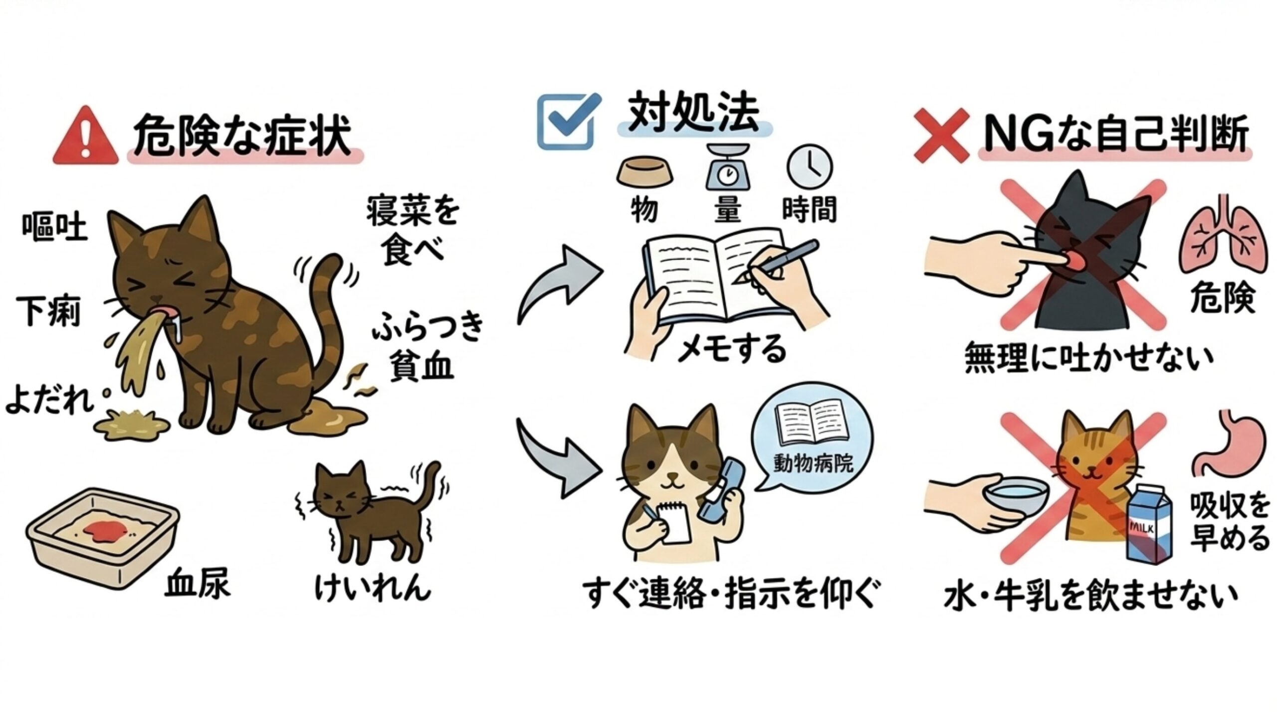 猫が危険な野菜を誤食した際の中毒症状と、病院への連絡など正しい対処法、無理に吐かせない等のNG行動の図解