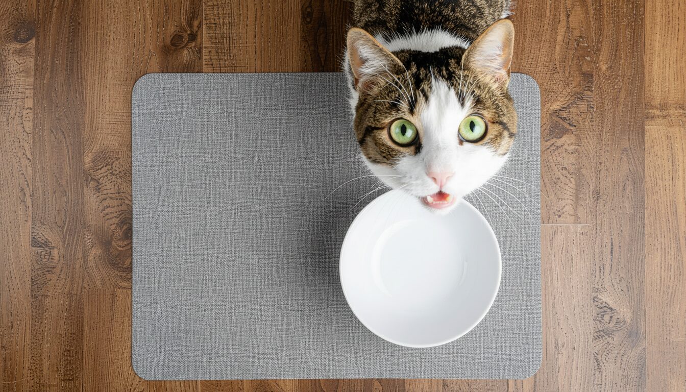 ごはんを待って飼い主を見上げる猫と、ランチョンマットに置かれた空の白いお皿