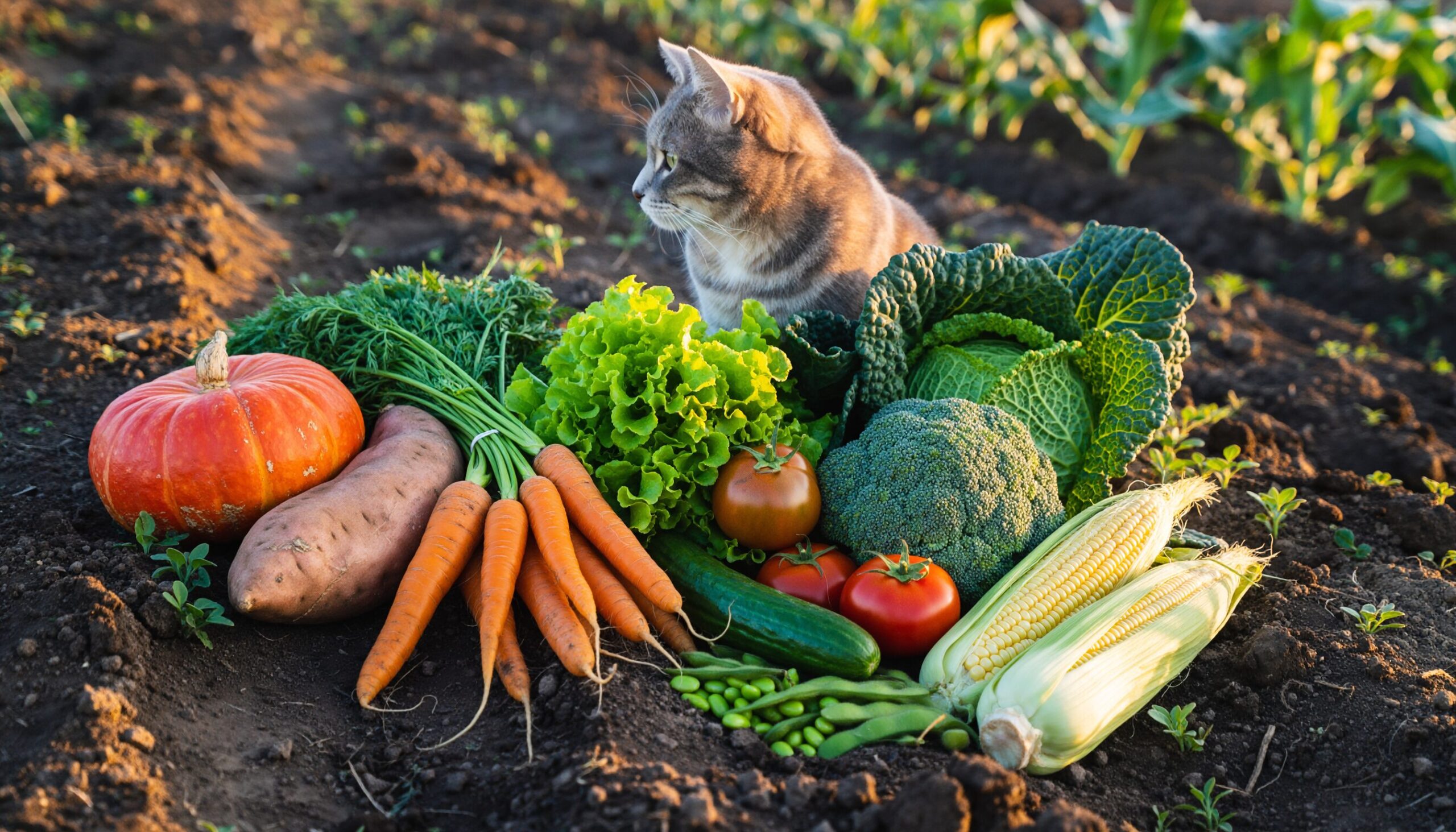 畑に並べられたカボチャ、サツマイモ、ニンジン、ブロッコリーなど、猫が食べられる10種類の野菜と、それを見つめる猫。