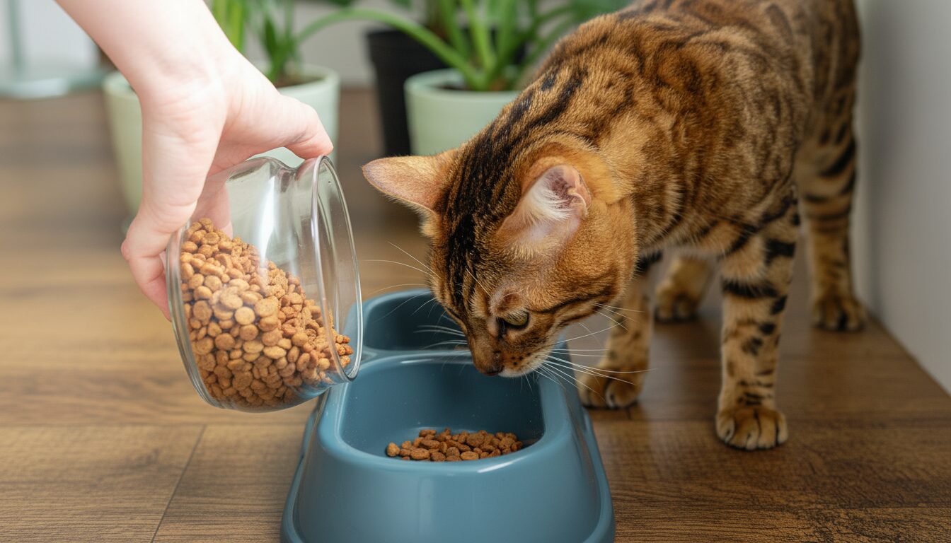 ウェットフードを器に入れる飼い主の手と食べる猫。水分補給と食いつきの良さがメリット。