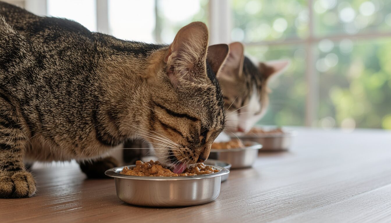 テーブルの上で、手前にいるキジトラ柄の猫が、金属製の皿に入ったウェットフードを舌で舐めて美味しそうに食べている様子。奥にはもう一匹の猫が同様に食事をしている。