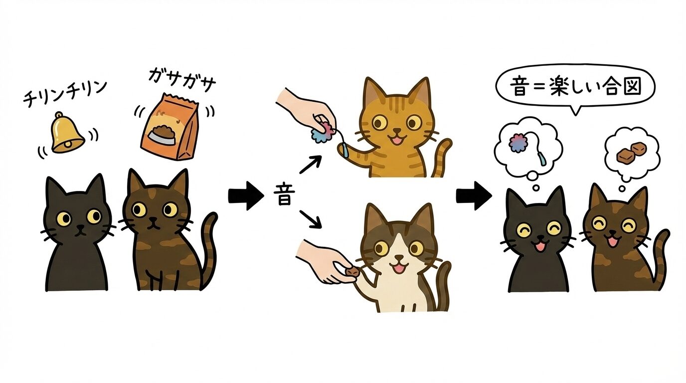 鈴や袋の音が「遊び」や「おやつ」の合図となり、猫が喜ぶポジティブな条件付けの図解