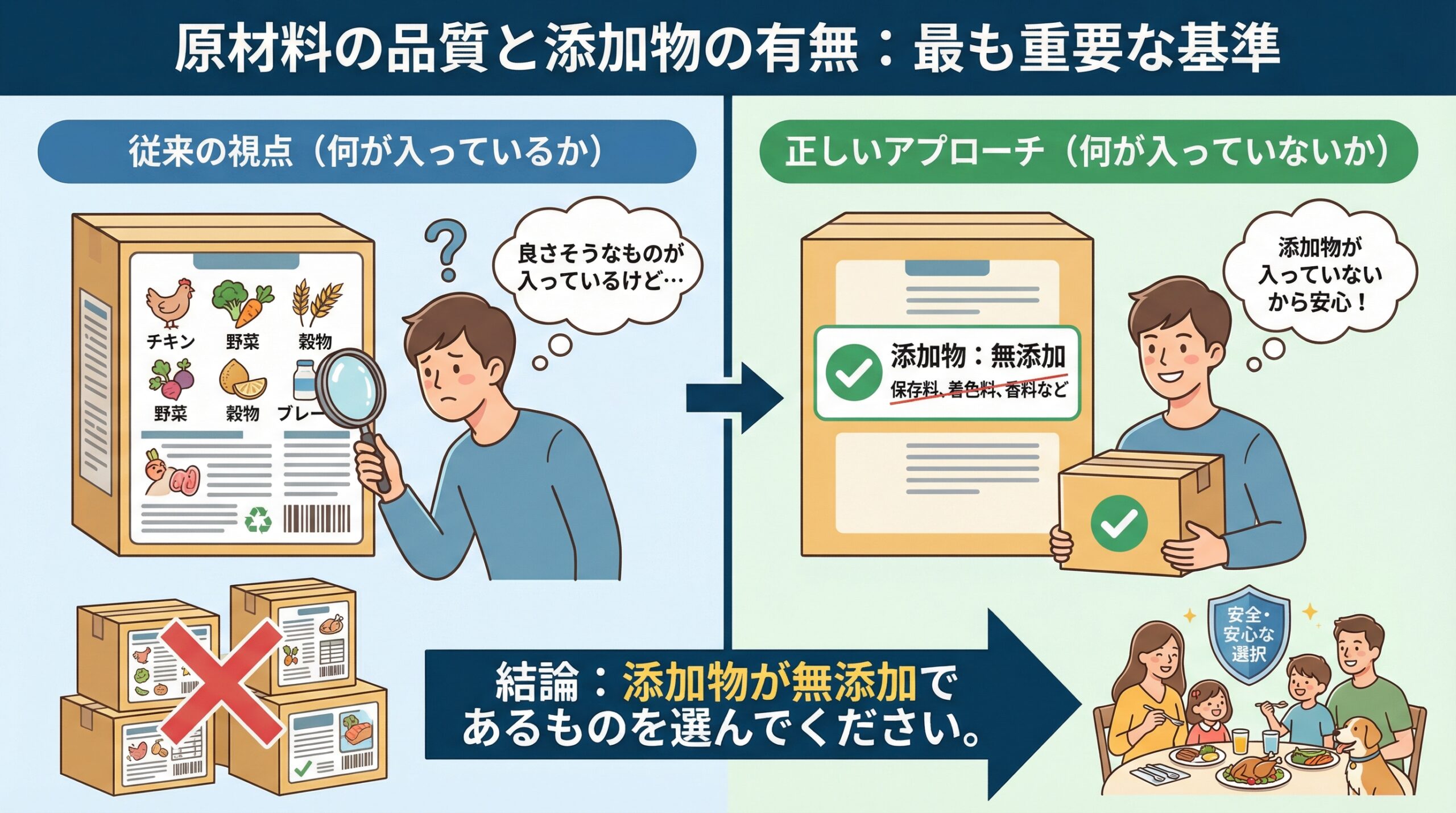 猫のフード選びで最も重要な基準を解説する図。従来の『何が入っているか』の視点から、『添加物が何が入っていないか』の正しいアプローチへの転換を促し、無添加のフードを選ぶことが安全で安心な選択であることを示している。