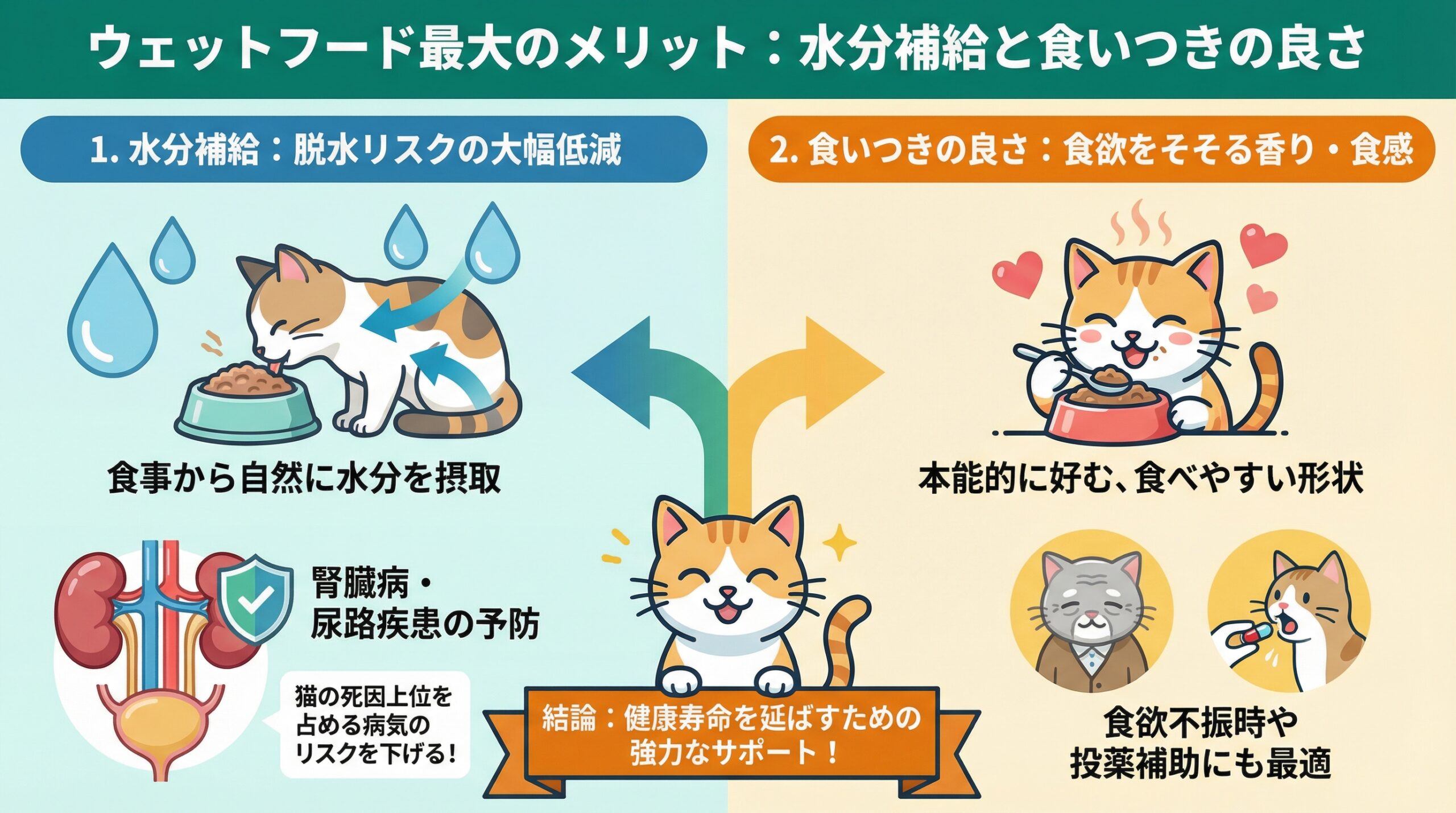 ウェットフード最大のメリットである『水分補給』と『食いつきの良さ』を解説する図。水分補給は脱水リスクを低減し、腎臓病・尿路疾患の予防につながり、食いつきの良さは食欲不振時や投薬補助に役立つことを示す。