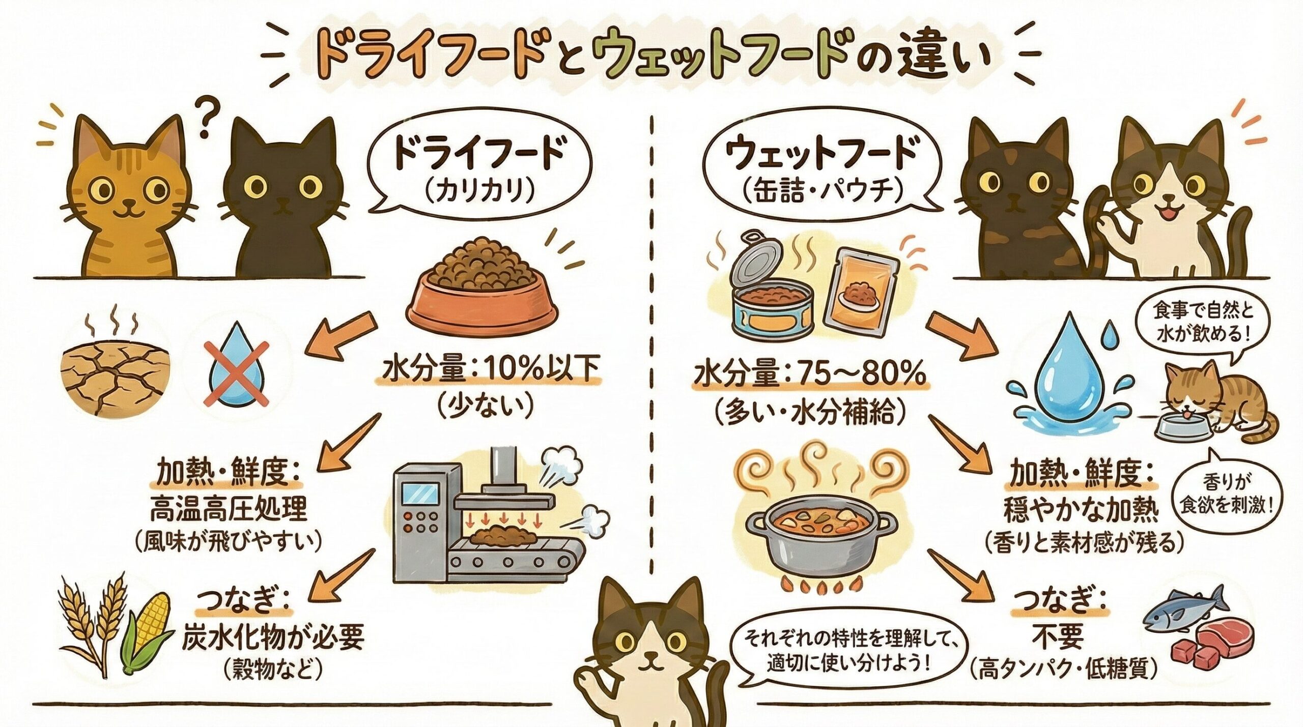 ドライフードとウェットフードの3つの違いを図解。水分量・加熱・つなぎを比較