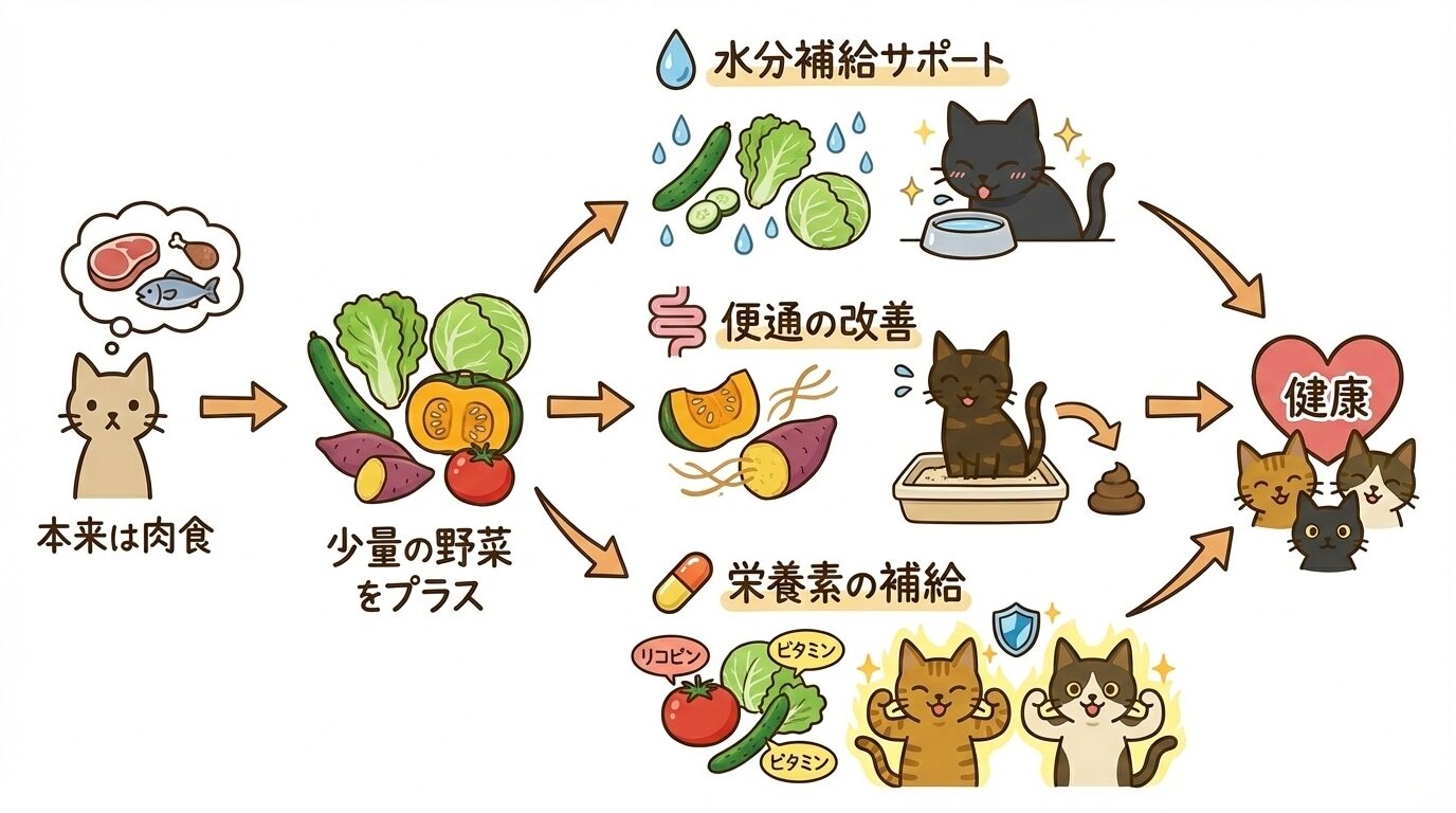 猫に少量の野菜を与える健康効果。水分補給、便通改善、栄養素補給のメリットを図解