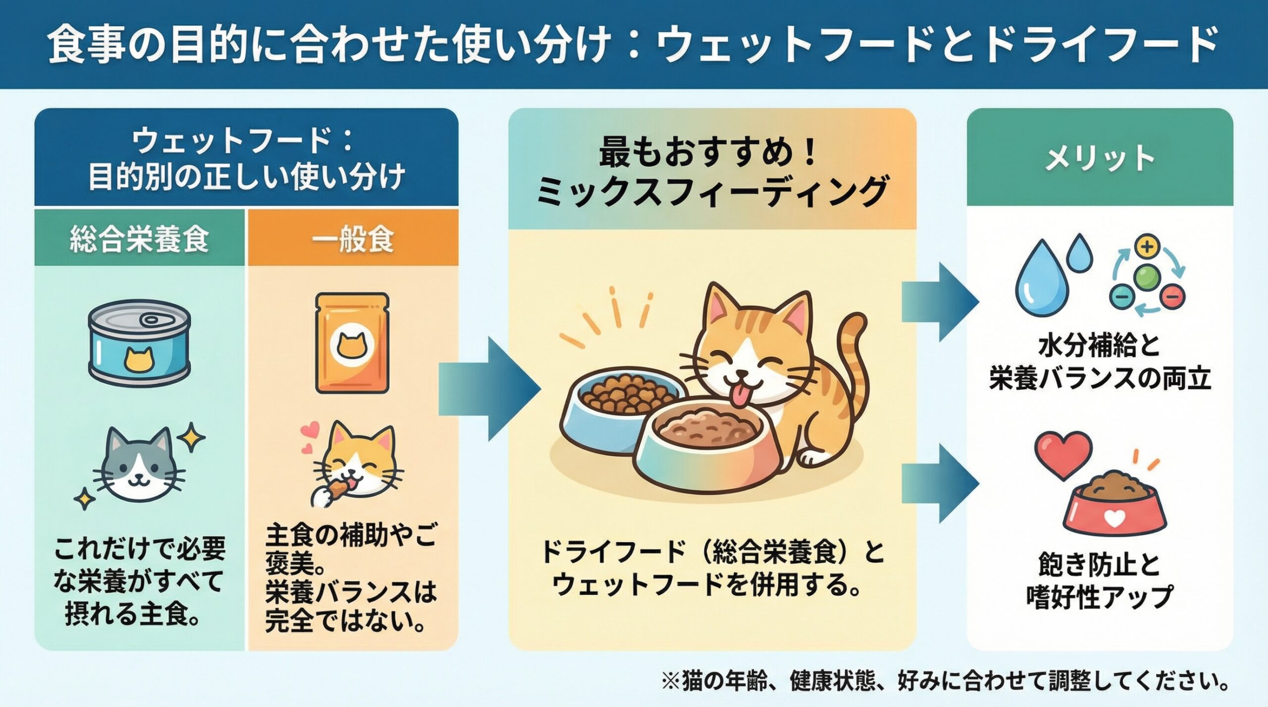 猫の食事の目的別使い分け図。ウェットフードの総合栄養食と一般食の違いを示し、最も推奨されるドライフードとウェットフードを併用するミックスフィーディングのメリット（水分補給、栄養バランス、嗜好性アップ）を解説している。