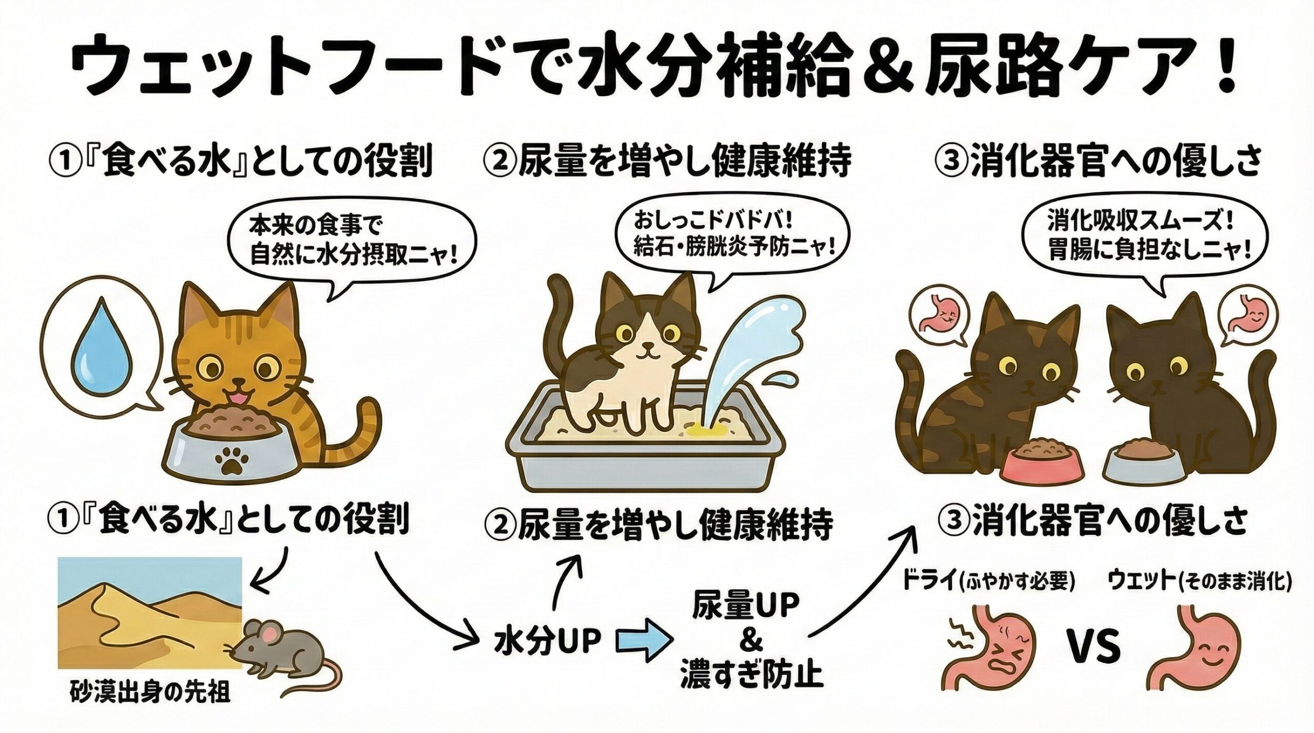 ウェットフードの健康効果を図解。「食べる水」、尿量増加、消化器官への優しさ