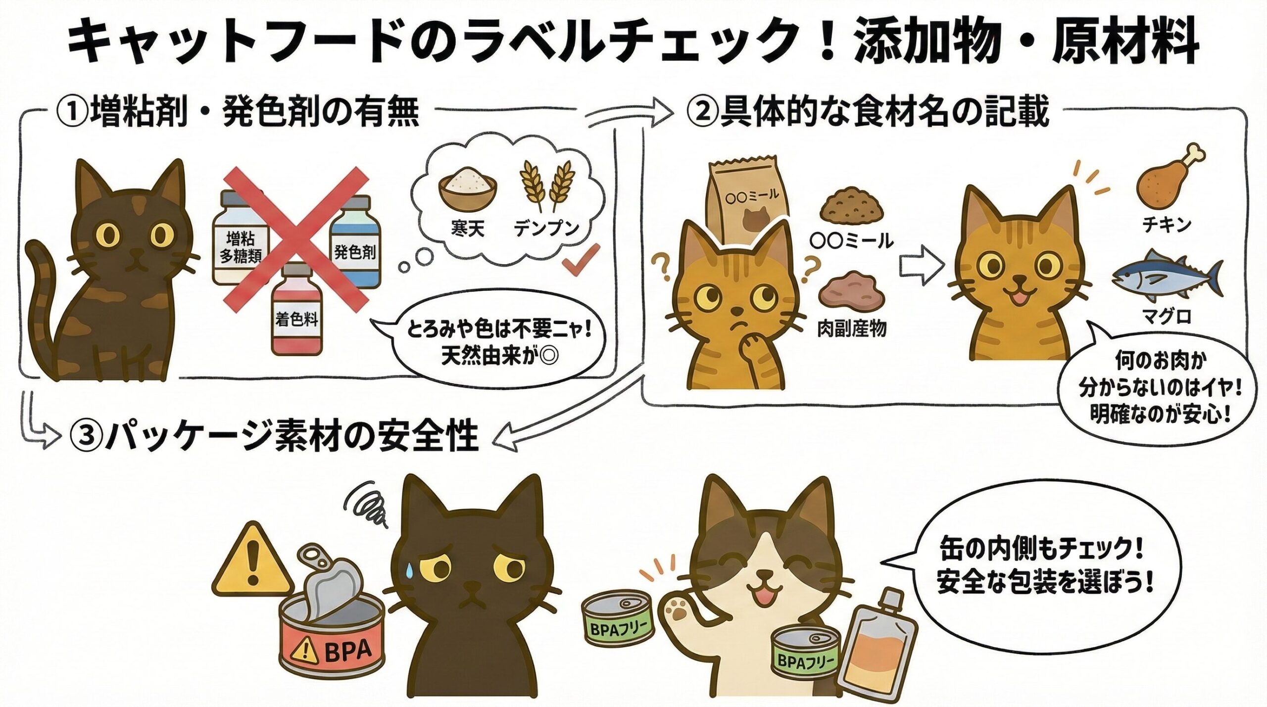 キャットフードのラベルチェックの3大要素。添加物、原材料名、BPAの有無を図解。