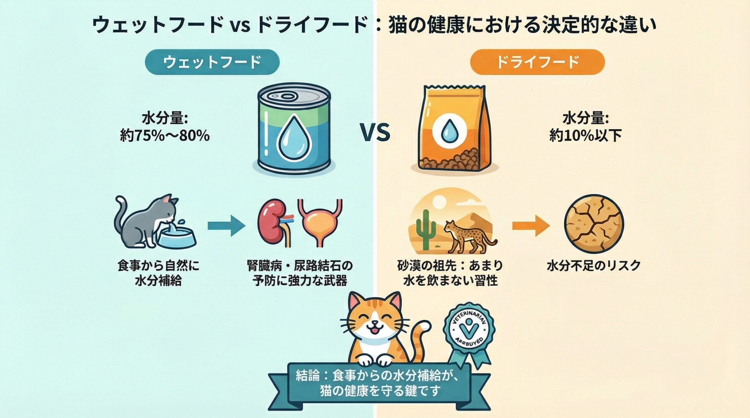 ウェットフードとドライフードの水分量を比較する図。ウェットフード（水分量75%〜80%）は腎臓病・尿路結石予防に役立つが、ドライフード（水分量10%以下）は水分不足のリスクがあることを示す。
