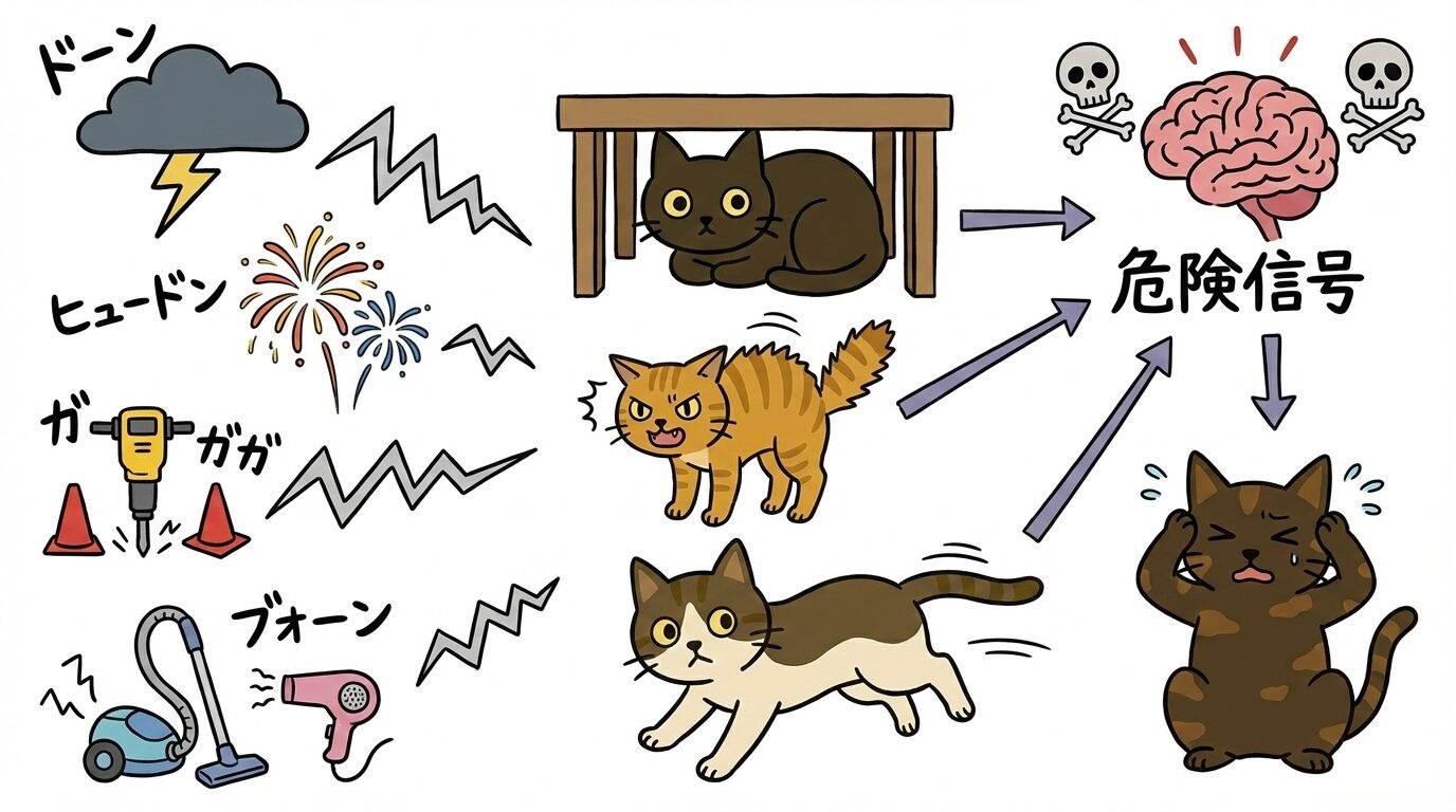 雷や掃除機などの大きな音が、猫に本能的な恐怖とストレスを与える危険信号となる図解