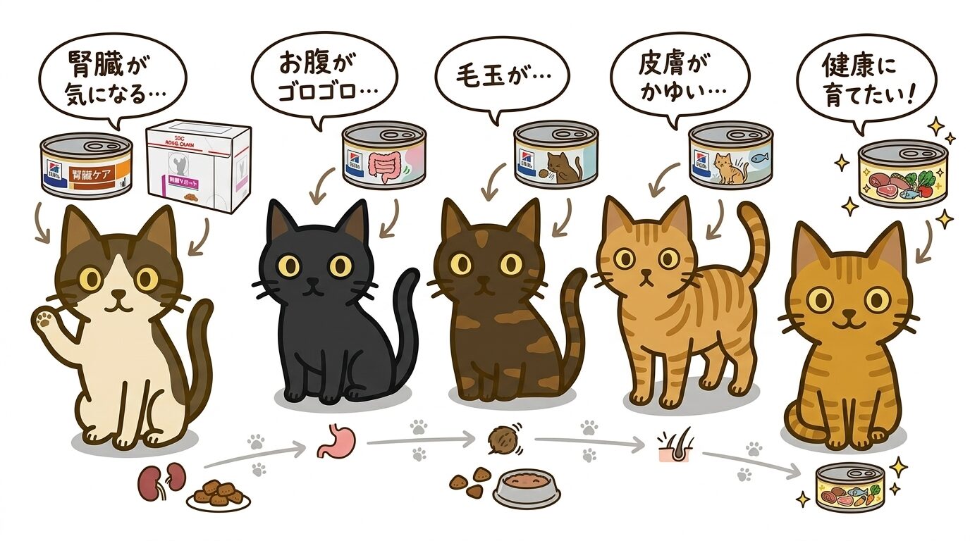 腎臓ケアやお腹の悩みなど症状別に選べる機能性ウェットフードの特徴を、猫のキャラクターで解説したイラスト図解。