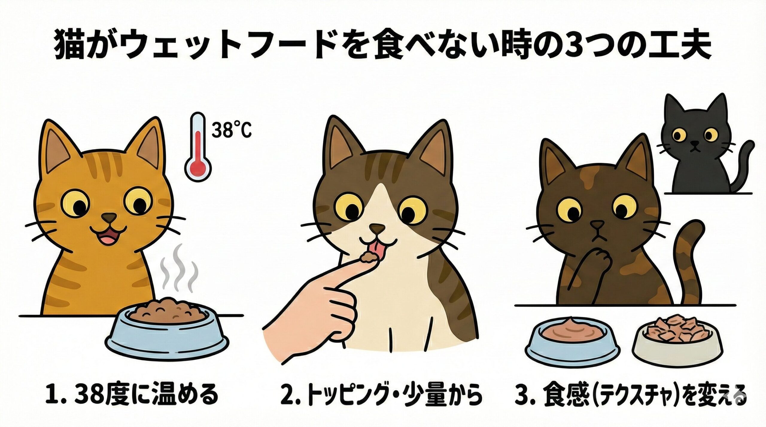 猫がウェットフードを食べない時の3つの対策図解（38度に温める・少量から・食感変更）