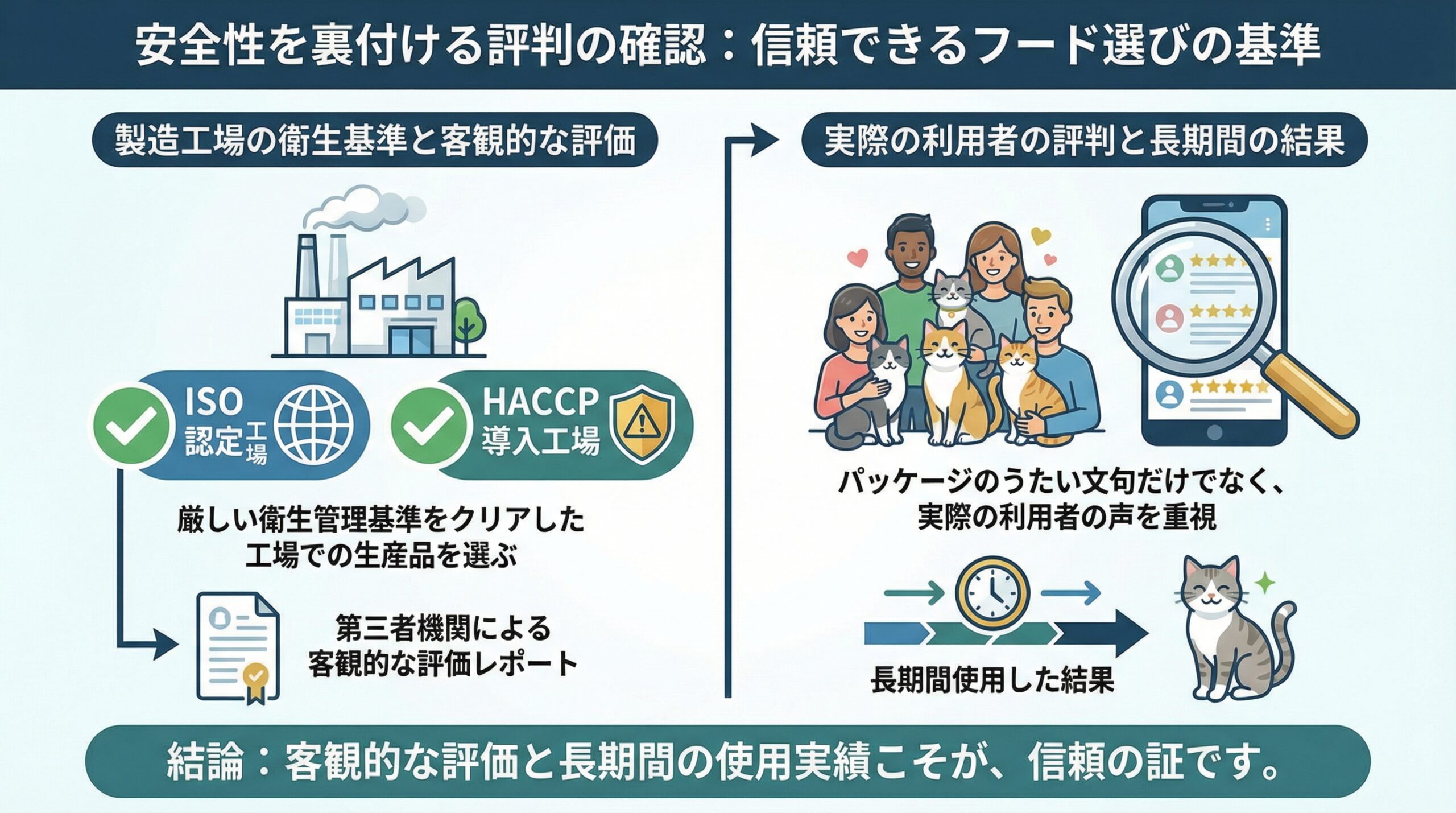 安全なフード選びの基準図。ISOやHACCPなどの衛生基準を満たした製造工場と、実際の利用者の評判や長期使用実績を確認することが信頼の証であることを解説。