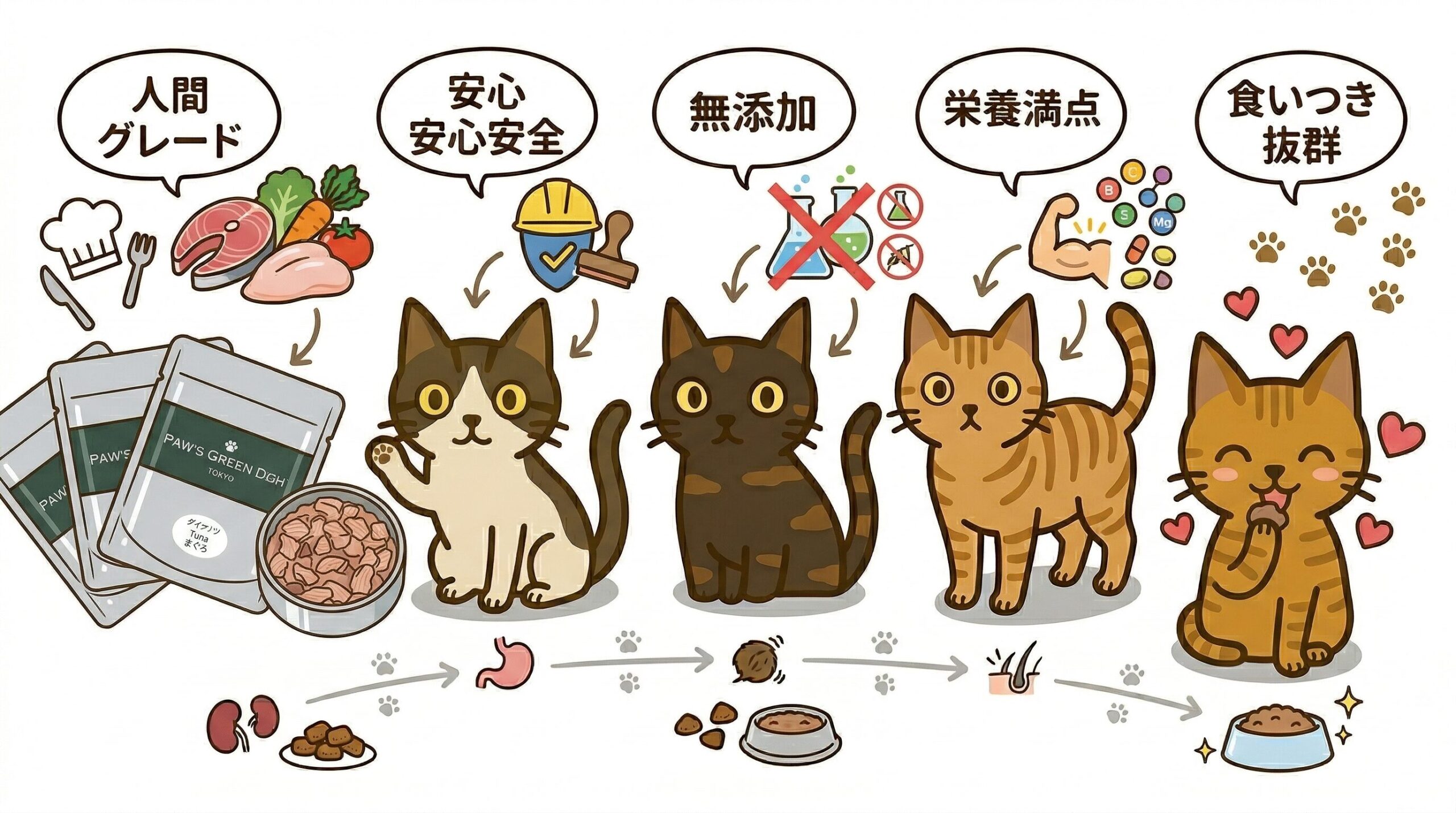 無添加・ヒューマングレード品質のウェットフードの安全性と特徴を、猫のキャラクターで解説したイラスト図解。