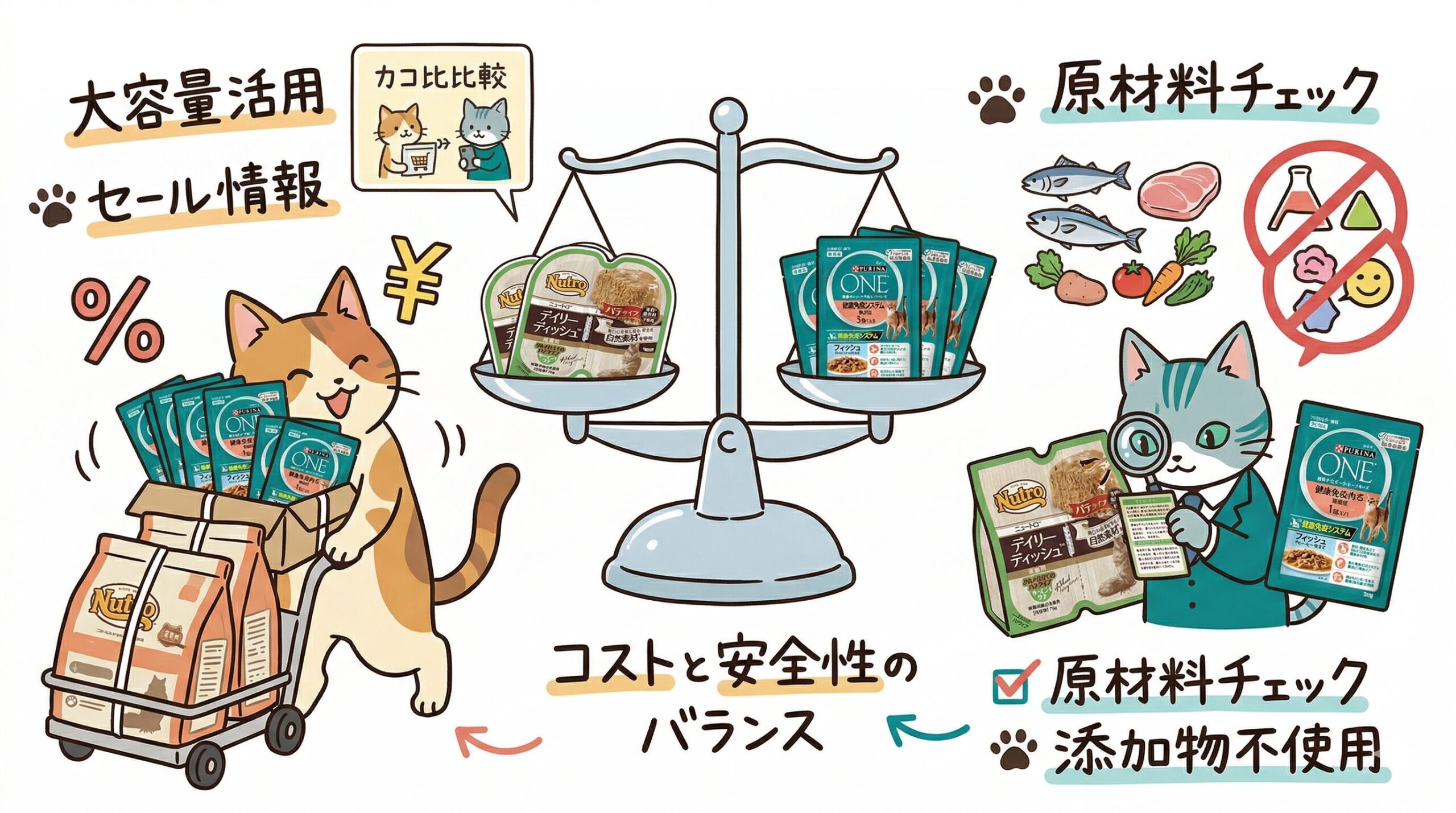 着色料不使用など安全基準を満たしつつ手頃な価格で続けやすい市販ウェットフードの特徴を、猫のキャラクターで解説したイラスト図解。