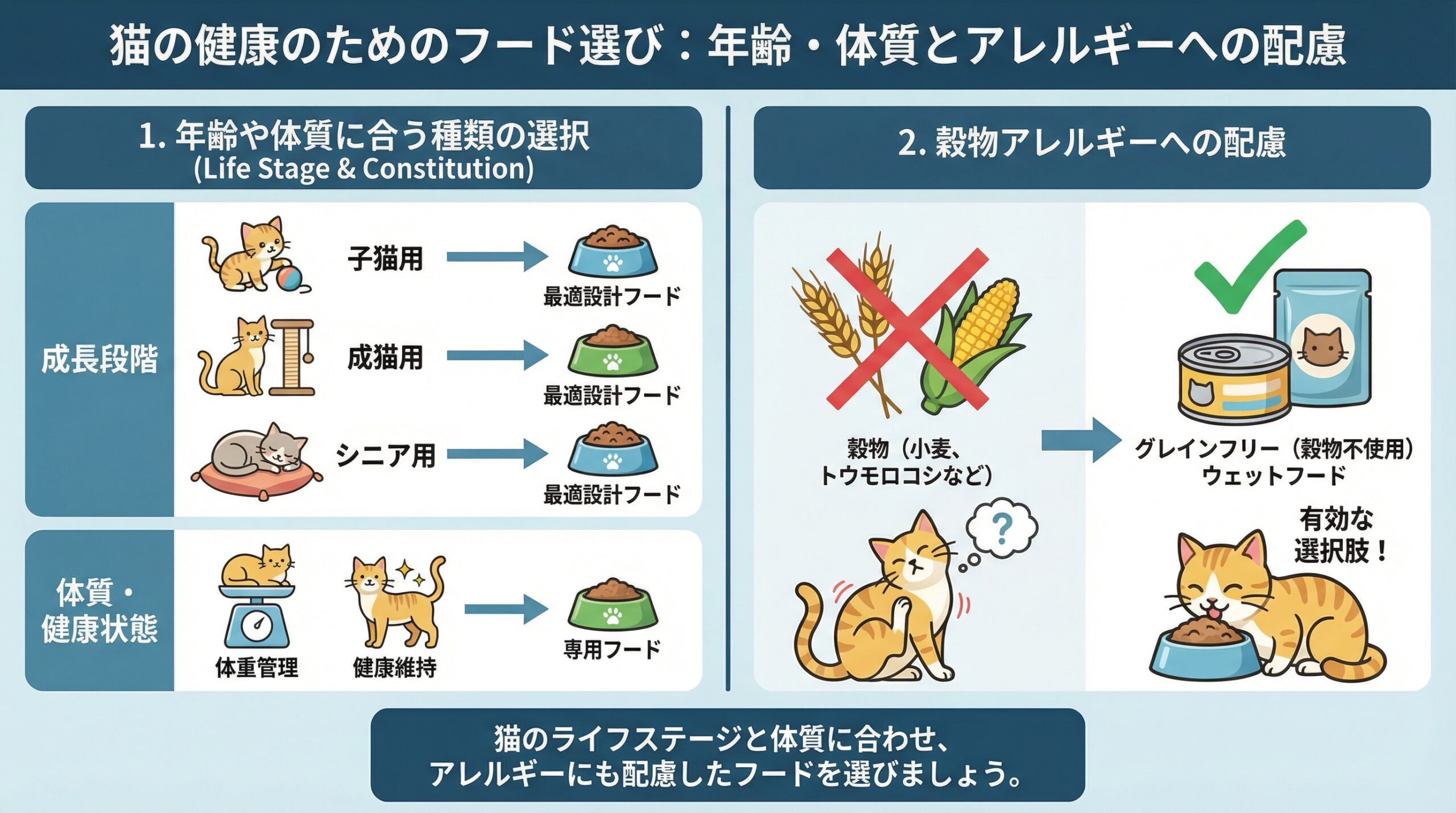 猫の健康のためのフード選びの基準図。1. 年齢（子猫用、成猫用、シニア用）や体質（体重管理、健康維持）に合う種類の選択と、2. 穀物アレルギーへの配慮としてグレインフリーのウェットフードの有効性を示している。