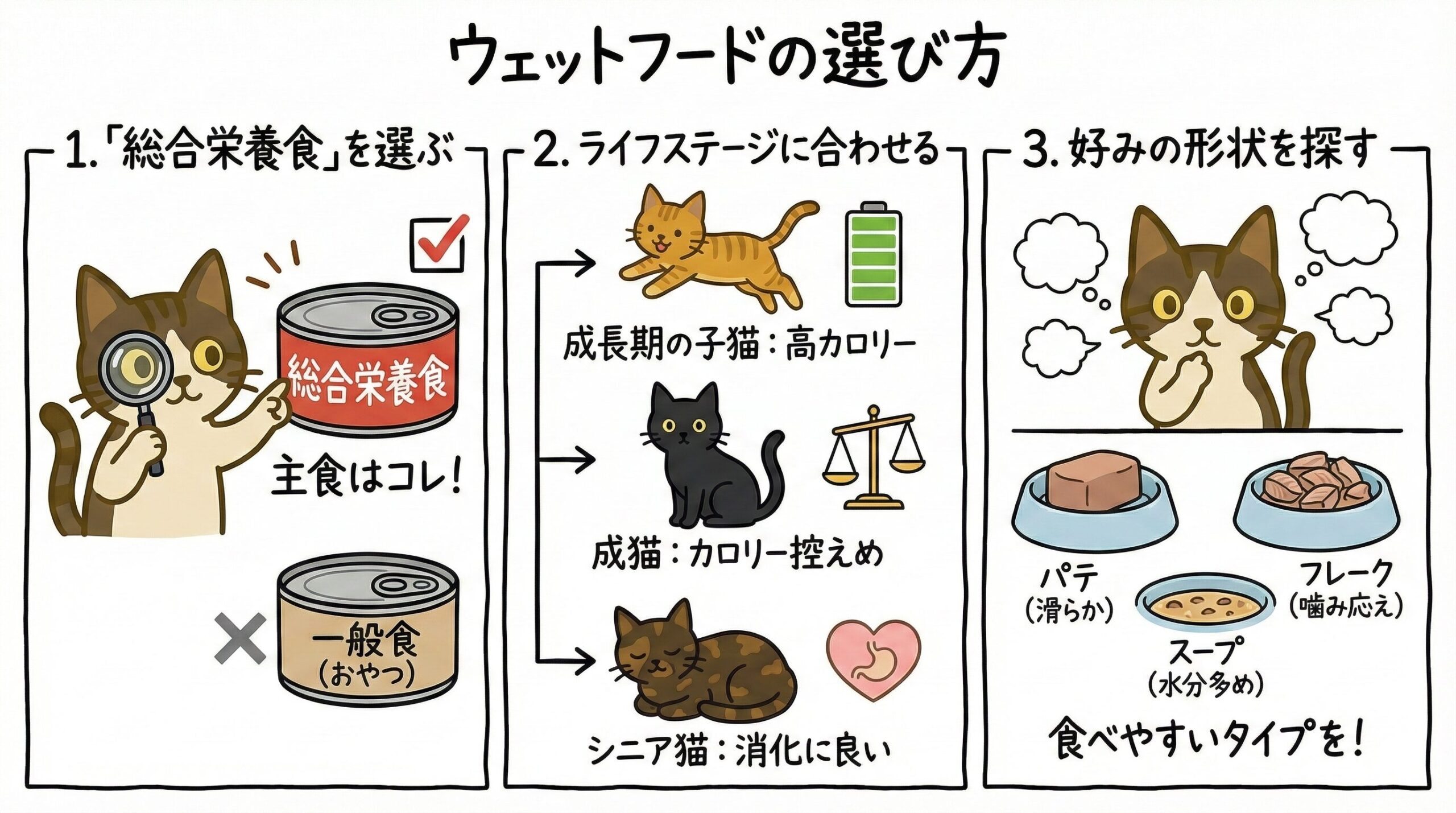 ウェットフードの3つの選び方を図解。総合栄養食、年齢別、形状（パテ・スープ・フレーク）。