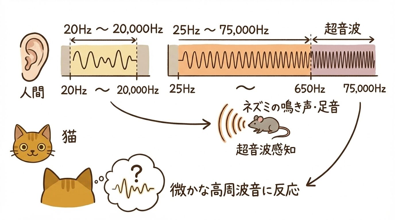 間と猫の可聴域比較。人間は2万Hzまでだが、猫は7万5千Hzの超音波まで聞こえる図解