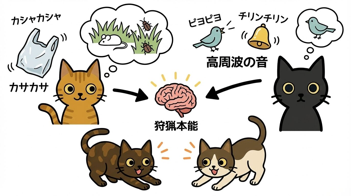 猫の狩猟本能を刺激する高周波音（ビニール袋、鳥の声、鈴）と興味を示す猫の図解