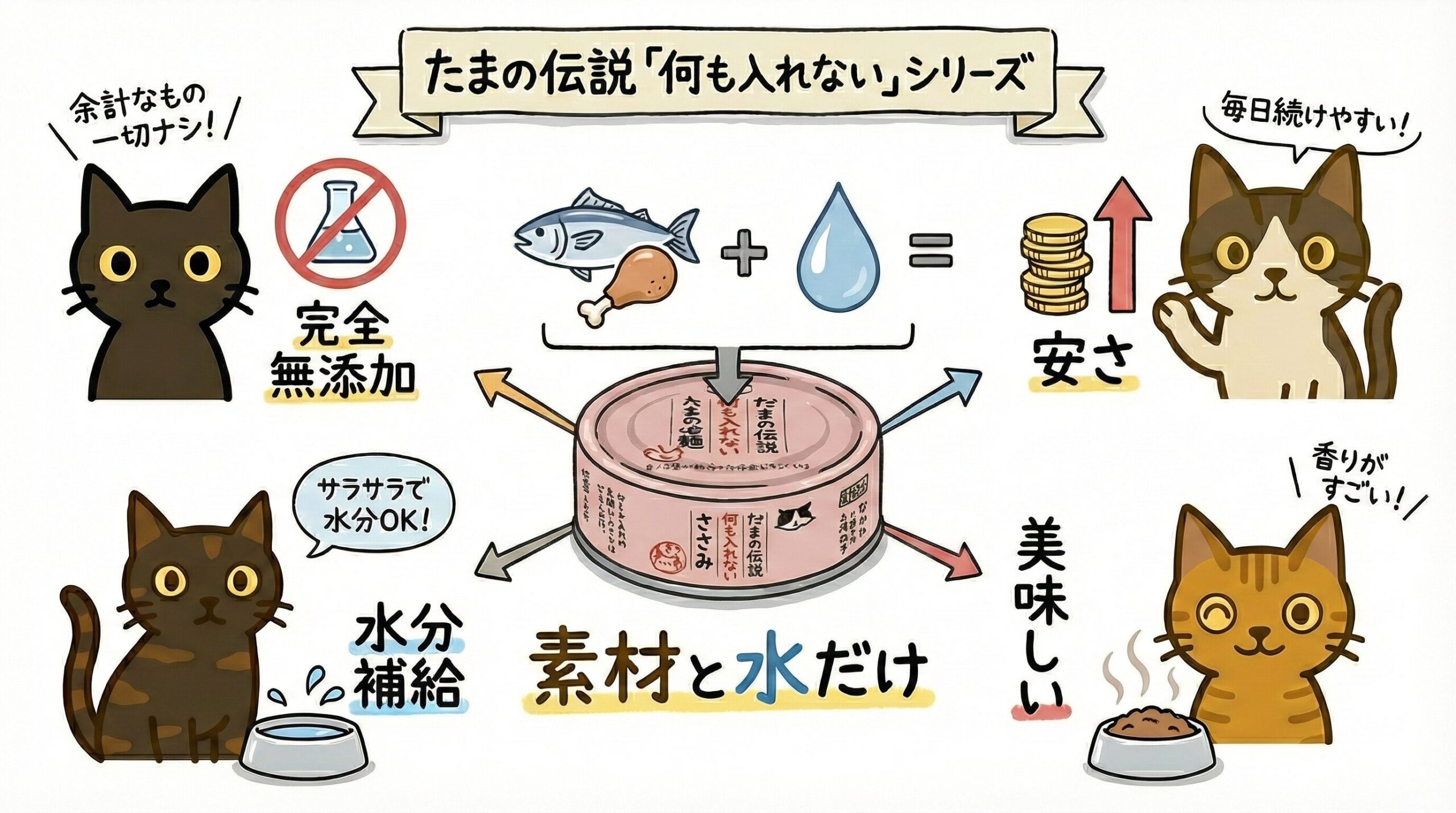 たまの伝説「何も入れない」シリーズの図解。完全無添加・水分補給・高コスパを4匹の猫イラストで解説。