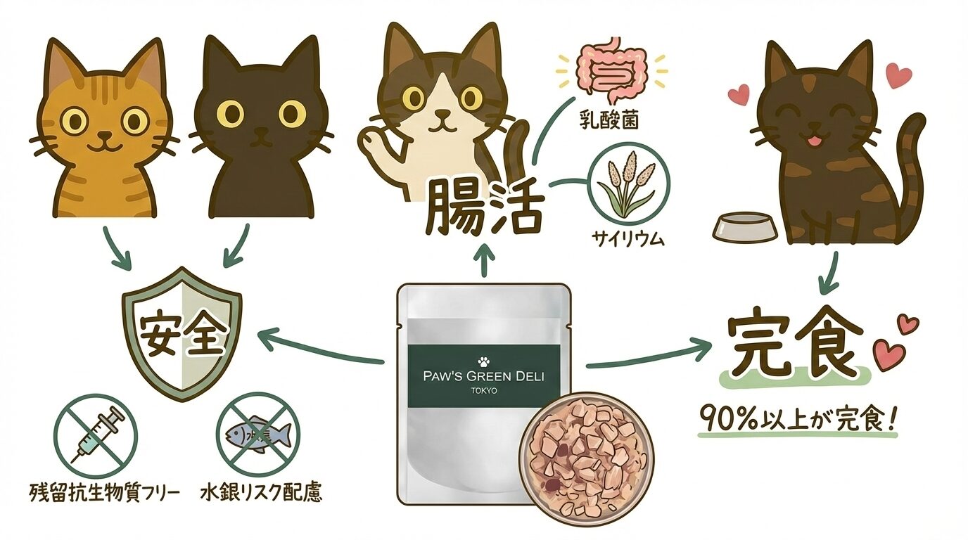 パウズグリーンデリの特徴（腸活・安全性・食いつき）を解説する4匹の猫の図解