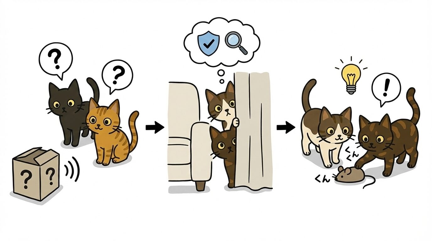 未知の音に警戒しつつ近づき、正体を確認する猫の強い好奇心と探索行動の図解