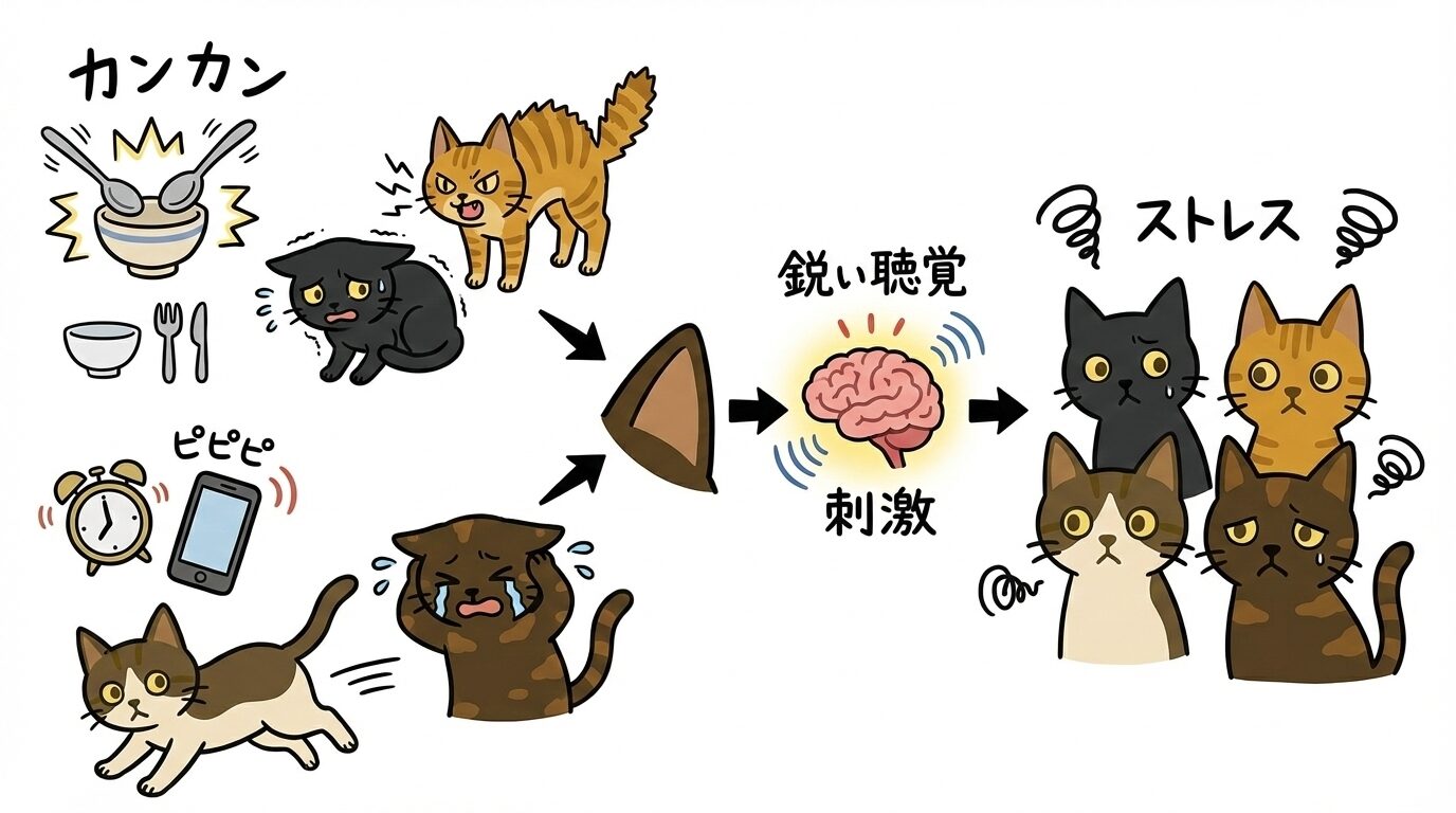 食器の金属音や電子アラーム音など、鋭い聴覚を持つ猫にとって強いストレスとなる日常の音の図解