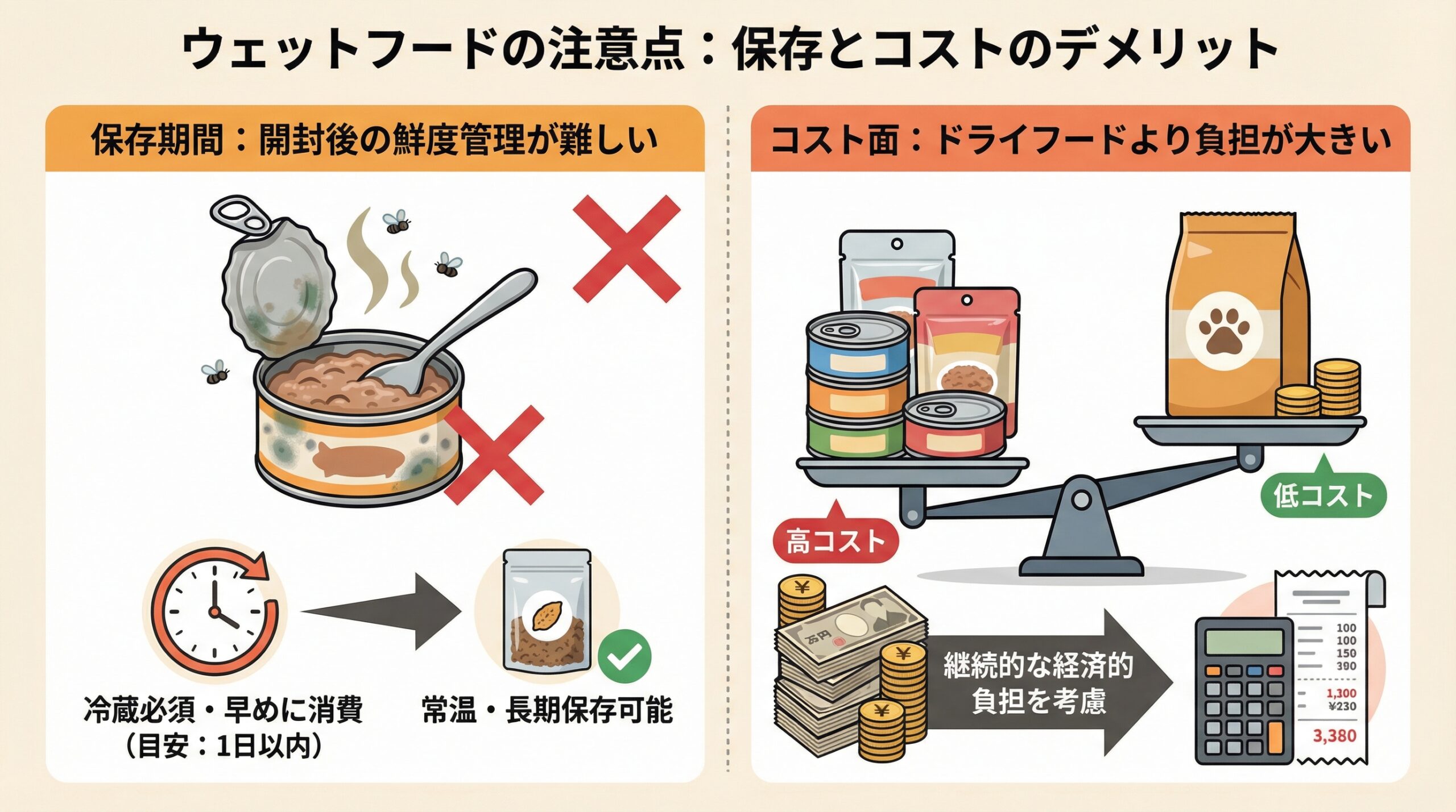 ウェットフードの注意点（デメリット）を示す図。左側は開封後の鮮度管理の難しさ（冷蔵必須、当日中消費推奨）を、右側はコスト面でドライフードより経済的負担が大きいことを説明している。
