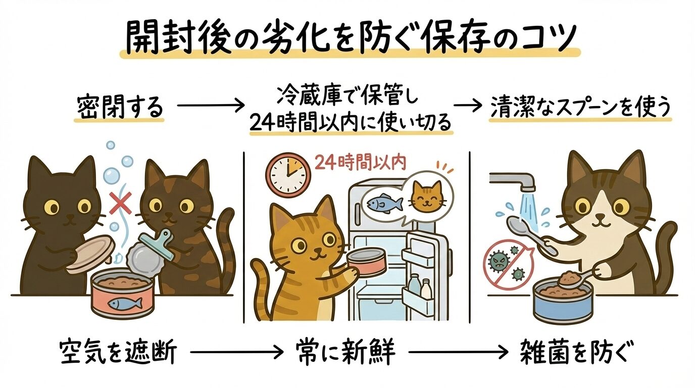 ウェットフードの開封後保存の3つのコツ。密閉、24時間以内の冷蔵、清潔なスプーン。