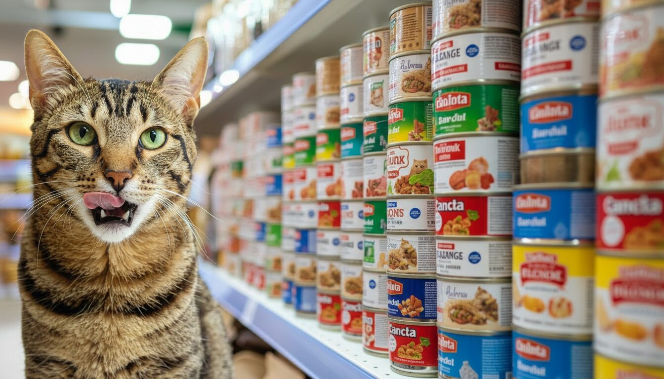 ペットショップの棚に並ぶ様々な猫用ウェットフード（缶詰）。選ぶ基準を確認。
